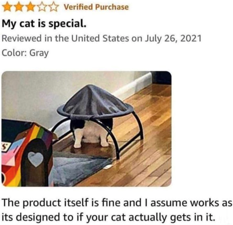 Verified Purchase My cat is special. Reviewed in the United States on July 26, 2021 Color: Gray S The product itself is fine and I assume works as its designed to if your cat actually gets in it.