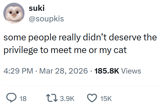 suki @soupkis some people really didn't deserve the privilege to meet me or my cat 4:29 PM · Mar 28, 2026 185.8K Views 18 173.9K 15K