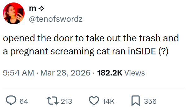 m>> @tenofswordz opened the door to take out the trash and a pregnant screaming cat ran inSIDE (?) 9:54 AM · Mar 28, 2026 182.2K Views > 64 1213 14K 356