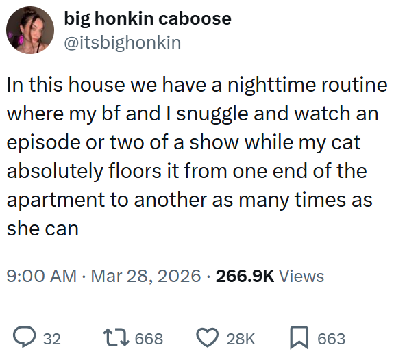 big honkin caboose @itsbighonkin In this house we have a nighttime routine where my bf and I snuggle and watch an episode or two of a show while my cat absolutely floors it from one end of the apartment to another as many times as she can 9:00 AM · Mar 28, 2026 266.9K Views > 32 17668 28K 663