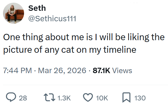 Seth @Sethicus111 One thing about me is I will be liking the picture of any cat on my timeline 7:44 PM · Mar 26, 2026 87.1K Views ○ 28 11.3K 10K ☐ 130
