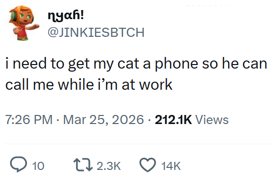 nyah! @JINKIESBTCH i need to get my cat a phone so he can call me while i'm at work 7:26 PM · Mar 25, 2026 212.1K Views 10 12.3K 14K