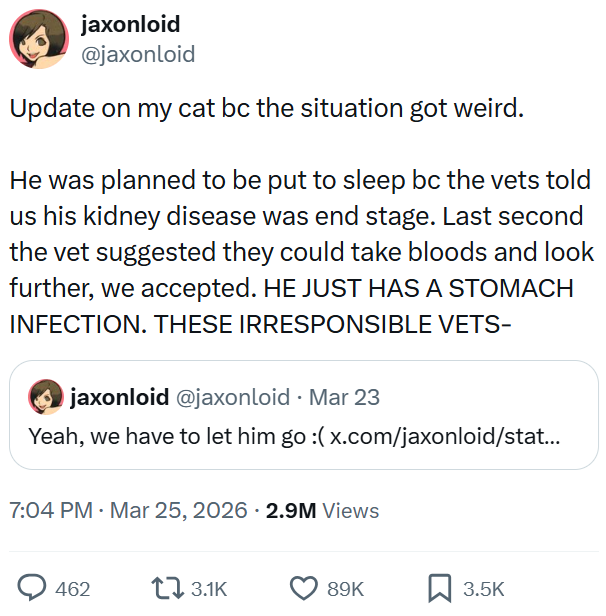 jaxonloid @jaxonloid Update on my cat bc the situation got weird. He was planned to be put to sleep bc the vets told us his kidney disease was end stage. Last second the vet suggested they could take bloods and look further, we accepted. HE JUST HAS A STOMACH INFECTION. THESE IRRESPONSIBLE VETS- jaxonloid @jaxonloid · Mar 23 Yeah, we have to let him go :( x.com/jaxonloid/stat... 7:04 PM · Mar 25, 2026 2.9M Views . 462 3.1K 89K 3.5K