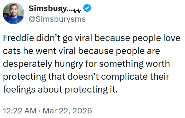 SimsbuЯy.... @Simsburysms Freddie didn't go viral because people love cats he went viral because people are desperately hungry for something worth protecting that doesn't complicate their feelings about protecting it. 12:22 AM Mar 22, 2026