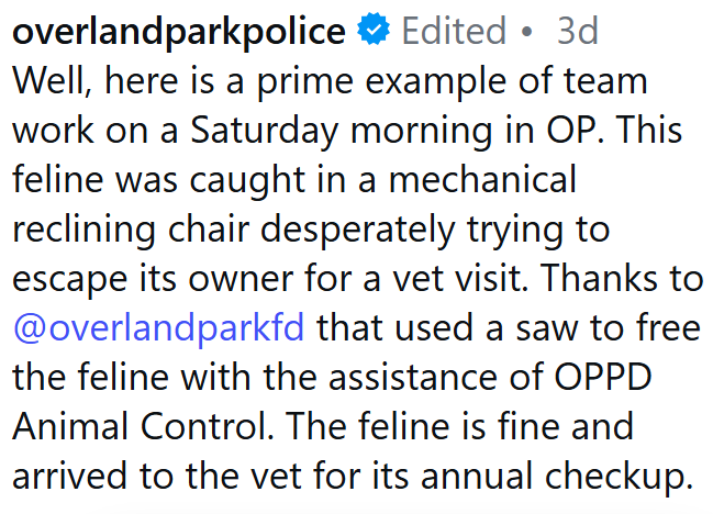 overlandparkpolice Edited 3d ⚫ Well, here is a prime example of team work on a Saturday morning in OP. This feline was caught in a mechanical reclining chair desperately trying to escape its owner for a vet visit. Thanks to @overlandparkfd that used a saw to free the feline with the assistance of OPPD Animal Control. The feline is fine and arrived to the vet for its annual checkup.