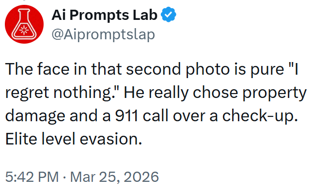 Ai Prompts Lab @Aipromptslap The face in that second photo is pure "I regret nothing." He really chose property damage and a 911 call over a check-up. Elite level evasion. 5:42 PM Mar 25, 2026 •