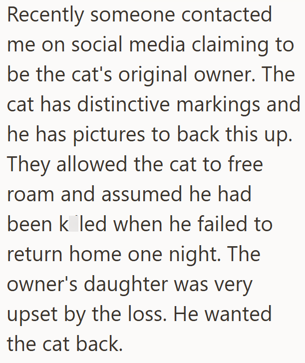 Recently someone contacted me on social media claiming to be the cat's original owner. The cat has distinctive markings and he has pictures to back this up. They allowed the cat to free roam and assumed he had been k led when he failed to return home one night. The owner's daughter was very upset by the loss. He wanted the cat back.
