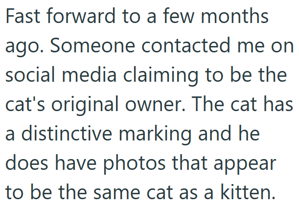 Fast forward to a few months ago. Someone contacted me on social media claiming to be the cat's original owner. The cat has a distinctive marking and he does have photos that appear to be the same cat as a kitten.