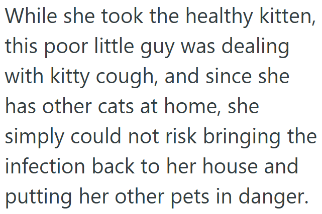 While she took the healthy kitten, this poor little guy was dealing with kitty cough, and since she has other cats at home, she simply could not risk bringing the infection back to her house and putting her other pets in danger.