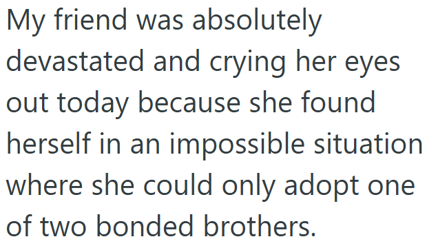 My friend was absolutely devastated and crying her eyes out today because she found herself in an impossible situation where she could only adopt one of two bonded brothers.