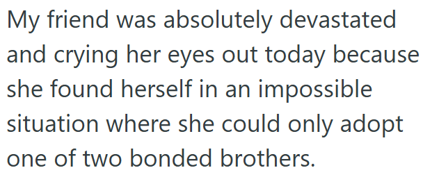 My friend was absolutely devastated and crying her eyes out today because she found herself in an impossible situation where she could only adopt one of two bonded brothers.