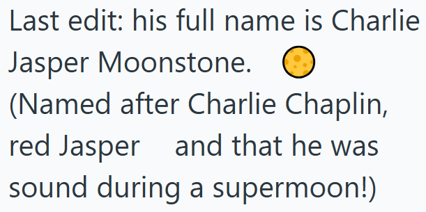 Last edit: his full name is Charlie Jasper Moonstone. (Named after Charlie Chaplin, red Jasper and that he was sound during a supermoon!)