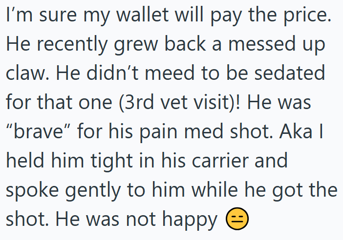 I'm sure my wallet will pay the price. He recently grew back a messed up claw. He didn't meed to be sedated for that one (3rd vet visit)! He was "brave" for his pain med shot. Aka | held him tight in his carrier and spoke gently to him while he got the shot. He was not happy