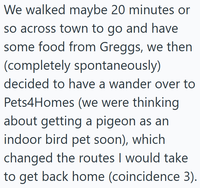 We walked maybe 20 minutes or so across town to go and have some food from Greggs, we then (completely spontaneously) decided to have a wander over to Pets4Homes (we were thinking about getting a pigeon as an indoor bird pet soon), which changed the routes I would take to get back home (coincidence 3).