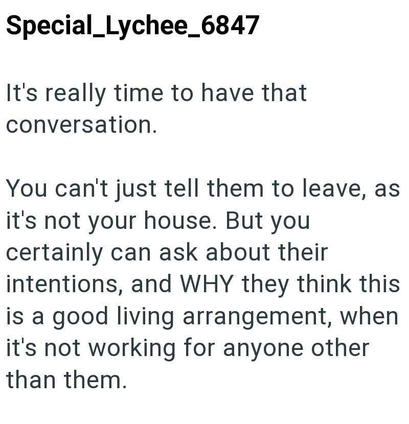 Special_Lychee_6847 It's really time to have that conversation. You can't just tell them to leave, as it's not your house. But you certainly can ask about their intentions, and WHY they think this is a good living arrangement, when it's not working for anyone other than them.