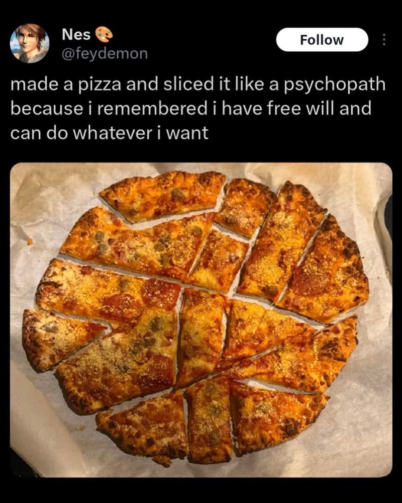 Nes @feydemon Follow made a pizza and sliced it like a psychopath because i remembered i have free will and can do whatever i want B