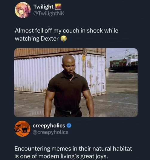 Twilight @TwilightNK Almost fell off my couch in shock while watching Dexter creepyholics ❤ @creepyholics Encountering memes in their natural habitat is one of modern living's great joys.
