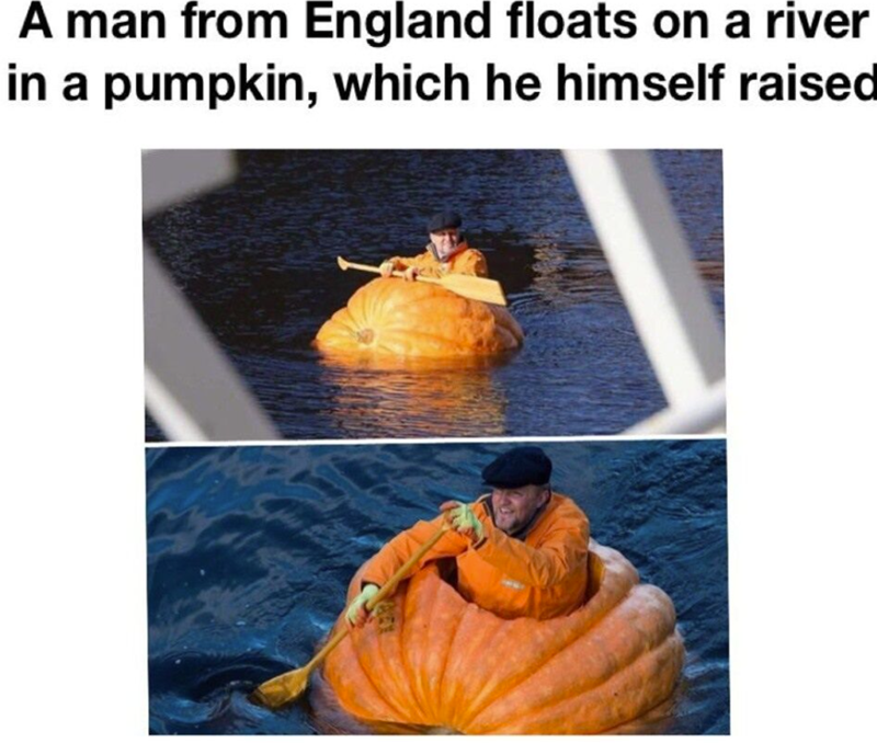 A man from England floats on a river in a pumpkin, which he himself raised