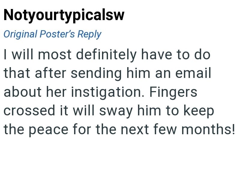 Notyourtypicalsw Original Poster's Reply I will most definitely have to do that after sending him an email about her instigation. Fingers crossed it will sway him to keep the peace for the next few months!