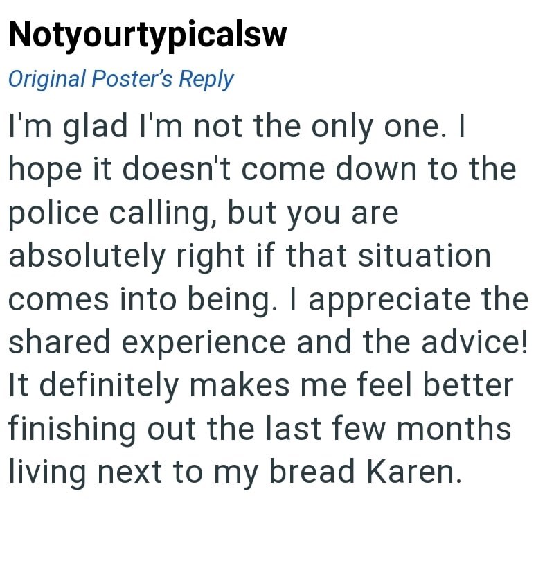 Notyourtypicalsw Original Poster's Reply I'm glad I'm not the only one. I hope it doesn't come down to the police calling, but you are absolutely right if that situation comes into being. I appreciate the shared experience and the advice! It definitely makes me feel better finishing out the last few months living next to my bread Karen.