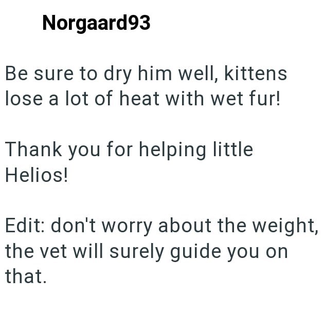 Norgaard93 Be sure to dry him well, kittens lose a lot of heat with wet fur! Thank you for helping little Helios! Edit: don't worry about the weight, the vet will surely guide you on that.