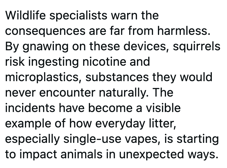 Wildlife specialists warn the consequences are far from harmless. By gnawing on these devices, squirrels risk ingesting nicotine and microplastics, substances they would never encounter naturally. The incidents have become a visible example of how everyday litter, especially single-use vapes, is starting to impact animals in unexpected ways.