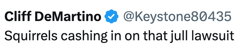 Cliff DeMartino @Keystone80435 Squirrels cashing in on that jull lawsuit