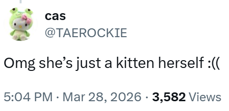 cas @TAEROCKIE Omg she's just a kitten herself :(( 5:04 PM. Mar 28, 2026 3,582 Views
