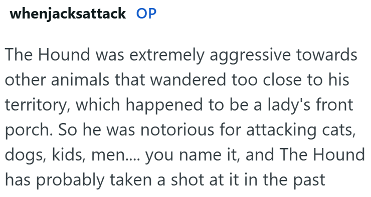 whenjacksattack OP The Hound was extremely aggressive towards other animals that wandered too close to his territory, which happened to be a lady's front porch. So he was notorious for attacking cats, dogs, kids, men.... you name it, and The Hound has probably taken a shot at it in the past
