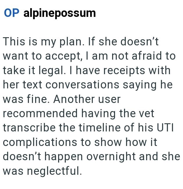 OP alpinepossum This is my plan. If she doesn't want to accept, I am not afraid to take it legal. I have receipts with her text conversations saying he was fine. Another user recommended having the vet transcribe the timeline of his UTI complications to show how it doesn't happen overnight and she was neglectful.