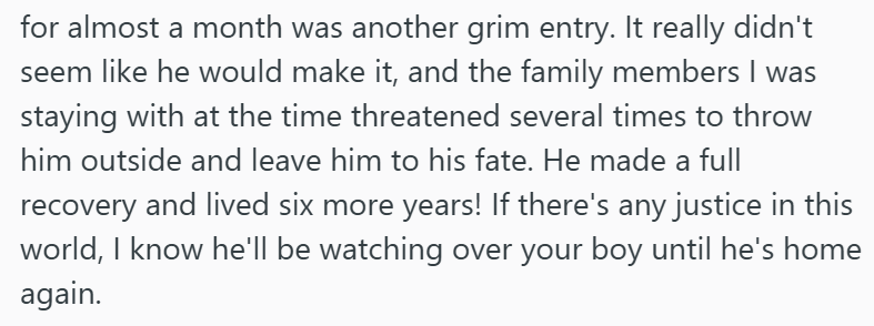 for almost a month was another grim entry. It really didn't seem like he would make it, and the family members I was staying with at the time threatened several times to throw him outside and leave him to his fate. He made a full recovery and lived six more years! If there's any justice in this world, I know he'll be watching over your boy until he's home again.