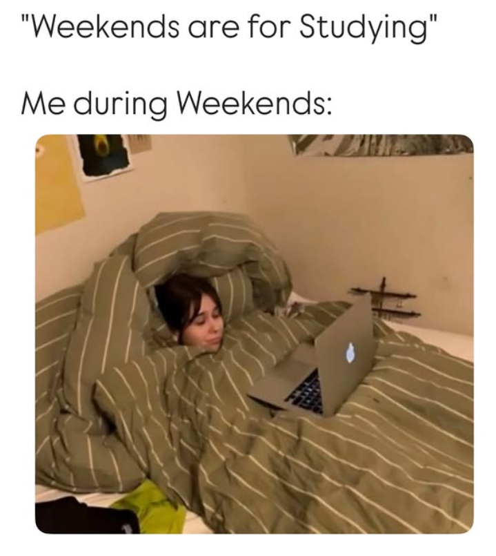 "Weekends are for Studying" Me during Weekends: