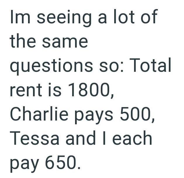 Im seeing a lot of the same questions so: Total rent is 1800, Charlie pays 500, Tessa and I each pay 650.