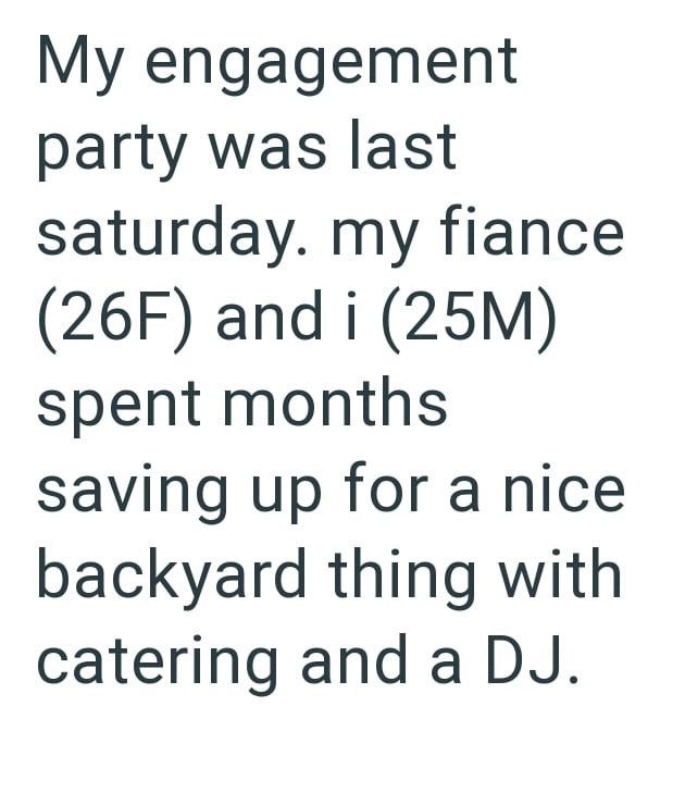My engagement party was last saturday. my fiance (26F) and i (25M) spent months saving up for a nice backyard thing with catering and a DJ.