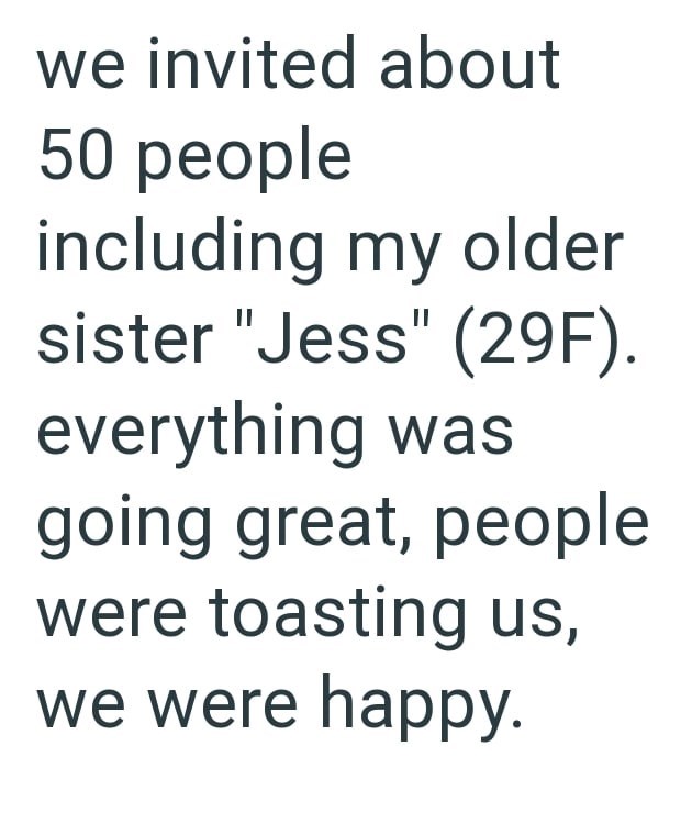 we invited about 50 people including my older sister "Jess" (29F). everything was going great, people were toasting us, we were happy.