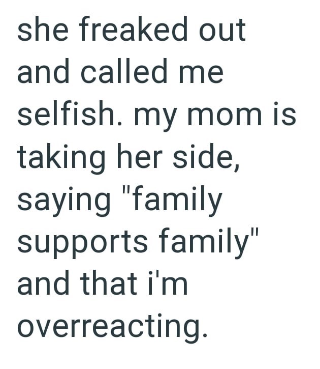 she freaked out and called me selfish. my mom is taking her side, saying "family supports family" and that i'm overreacting.