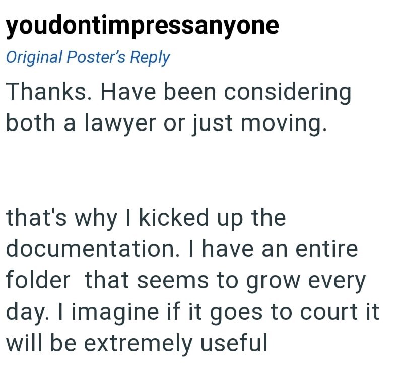 youdontimpressanyone Original Poster's Reply Thanks. Have been considering both a lawyer or just moving. that's why I kicked up the documentation. I have an entire folder that seems to grow every day. I imagine if it goes to court it will be extremely useful