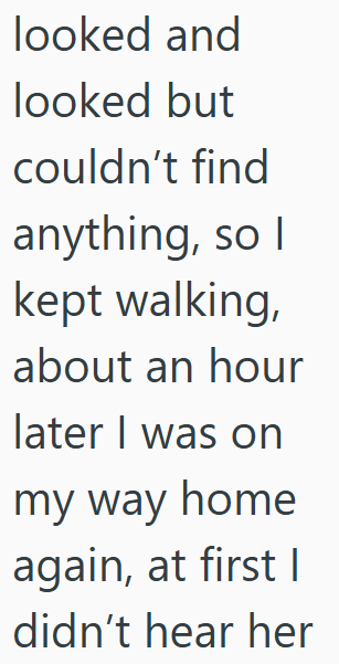 looked and looked but couldn't find anything, so I kept walking, about an hour later I was on my way home again, at first I didn't hear her
