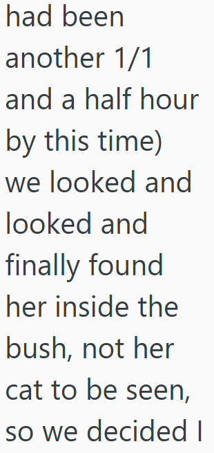 had been another 1/1 and a half hour by this time) we looked and looked and finally found her inside the bush, not her cat to be seen, so we decided I