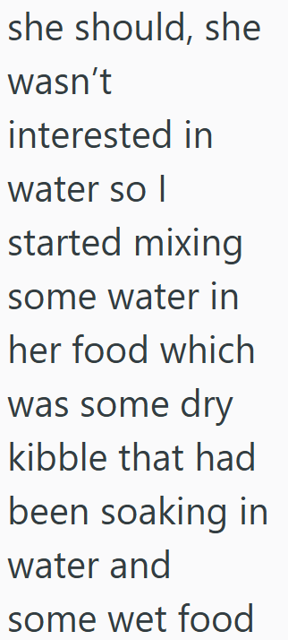 she should, she wasn't interested in water so I started mixing some water in her food which was some dry kibble that had been soaking in water and some wet food