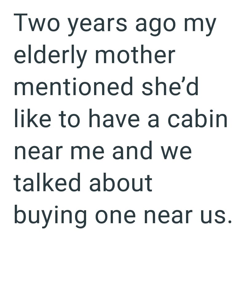 Two years ago my elderly mother mentioned she'd like to have a cabin near me and we talked about buying one near us.