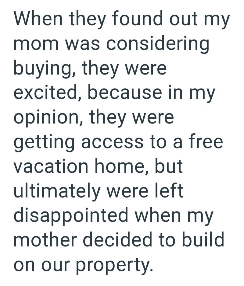 When they found out my mom was considering buying, they were excited, because in my opinion, they were getting access to a free vacation home, but ultimately were left disappointed when my mother decided to build on our property.
