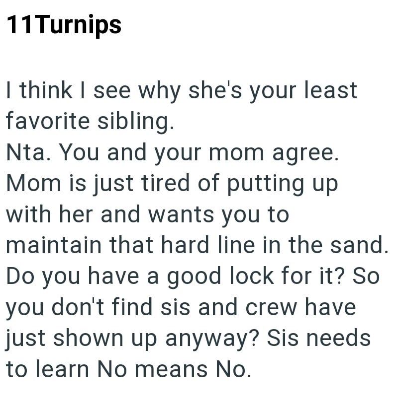 11Turnips I think I see why she's your least favorite sibling. Nta. You and your mom agree. Mom is just tired of putting up with her and wants you to maintain that hard line in the sand. Do you have a good lock for it? So you don't find sis and crew have just shown up anyway? Sis needs to learn No means No.
