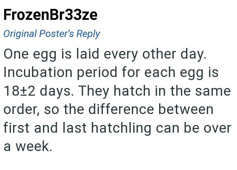 FrozenBr33ze Original Poster's Reply One egg is laid every other day. Incubation period for each egg is 18±2 days. They hatch in the same order, so the difference between first and last hatchling can be over a week.