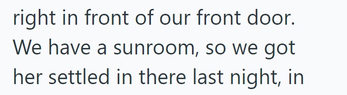 right in front of our front door. We have a sunroom, so we got her settled in there last night, in