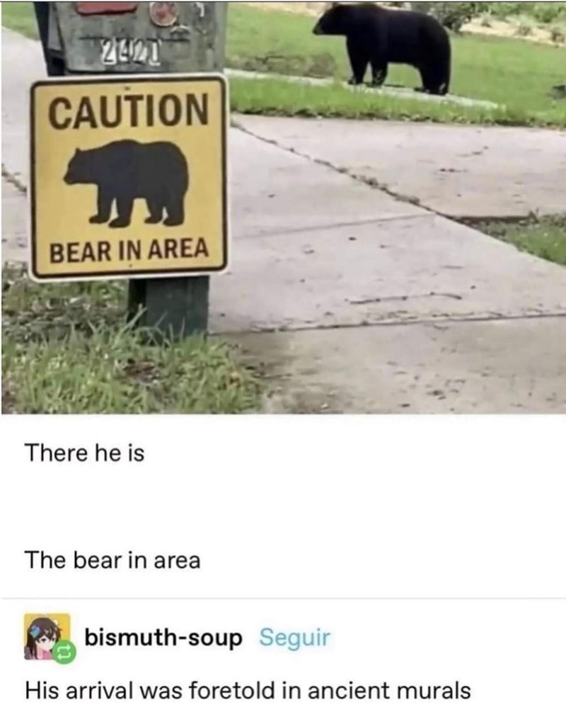2421 CAUTION BEAR IN AREA There he is The bear in area bismuth-soup Seguir His arrival was foretold in ancient murals