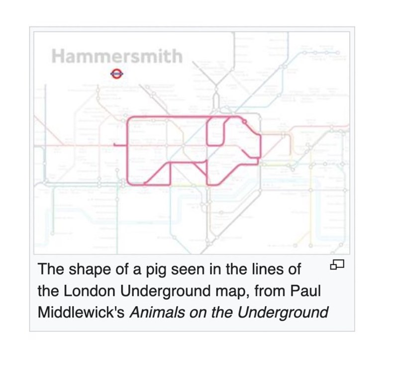 Hammersmith e The shape of a pig seen in the lines of the London Underground map, from Paul Middlewick's Animals on the Underground
