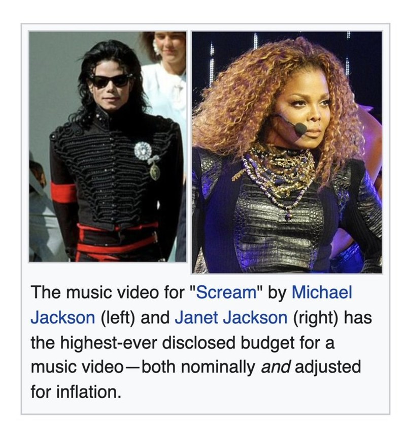The music video for "Scream" by Michael Jackson (left) and Janet Jackson (right) has the highest-ever disclosed budget for a music video-both nominally and adjusted for inflation.