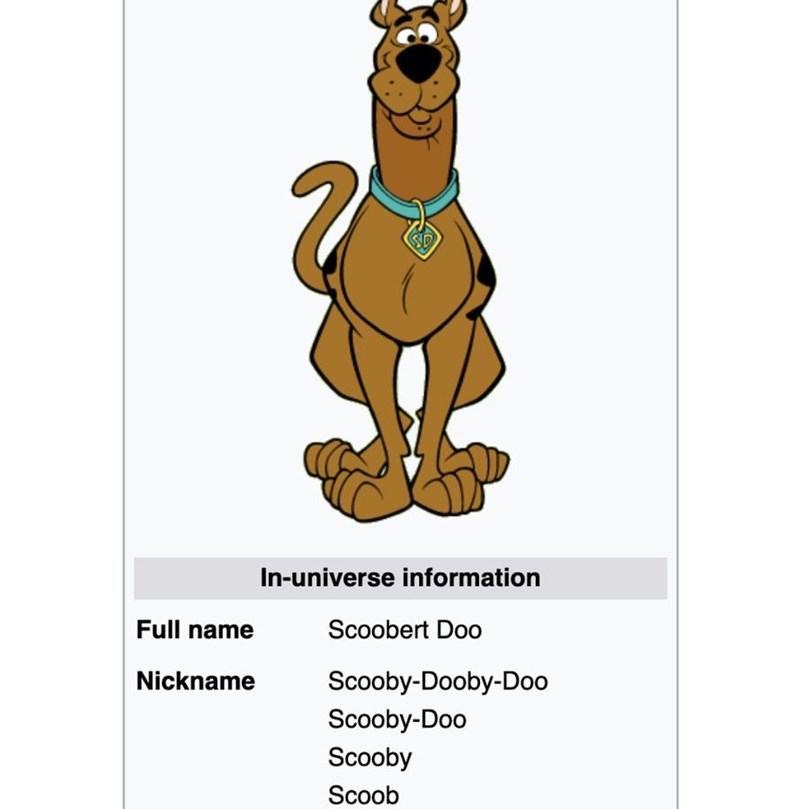 SD Full name Nickname In-universe information Scoobert Doo Scooby-Dooby-Doo Scooby-Doo Scooby Scoob