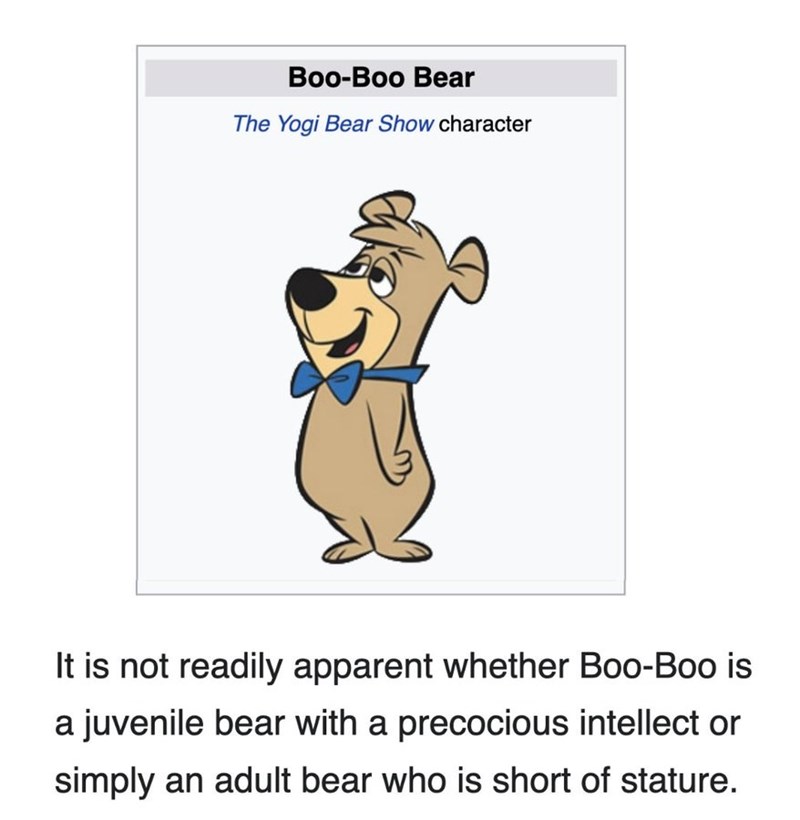 Boo-Boo Bear The Yogi Bear Show character It is not readily apparent whether Boo-Boo is a juvenile bear with a precocious intellect or simply an adult bear who is short of stature.